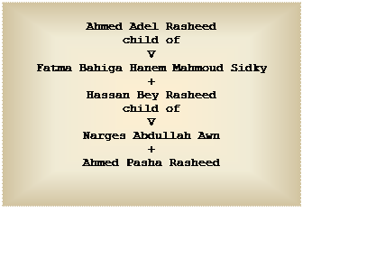 Text Box: Ahmed Adel Rasheed
child of
V
Fatma Bahiga Hanem Mahmoud Sidky
+
Hassan Bey Rasheed
child of
V
Narges Abdullah Awn
+
Ahmed Pasha Rasheed


